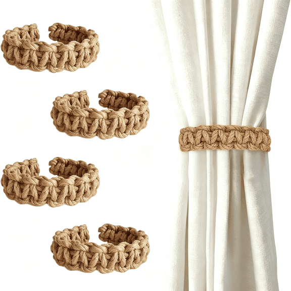 TUWAFE 4Pcs Boho Rustic Braided Curtain Tiebacks&Holdbacks Handmade Light Weight Burlap Rope Curtain Ties for Light Weight Drapes,Decorative Curtain Accessories for Home Office Bedroom Window