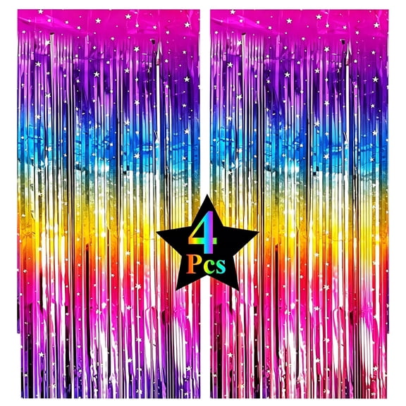 TUWAFE 4pcs Sparkly Neon Rainbow Foil Fringe Curtain Backdrop Metallic Streamers Photo Booth Props for Birthday Bachelorette Gay Pride Day Graduation Wedding 80s 90s Disco Party Decorations-3.3x6.6'