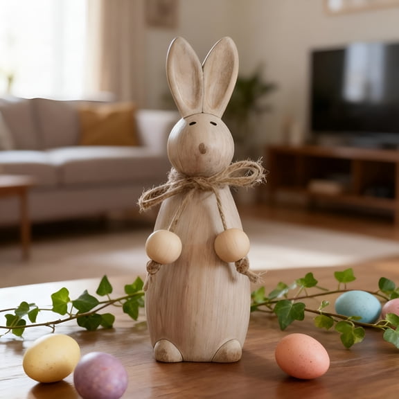 TUWAFE 5.7" Wooden Bunny Figurine - Rustic Farmhouse Wood Rabbit Decor,Spring Easter Tiered Tray Ornament for Mantel and Table Centerpiece