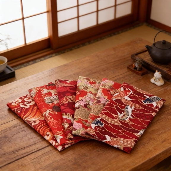 TUWAFE 5-Pack Japanese Koi Fish&Wave Fabric Squares,Assorted Precut Cotton Fabric Bundles,Red Traditional Dragon Pattern Craft Fabric for Sewing,Patchwork,Quilting&Diy Crafts(7.87X9.84 Inches)