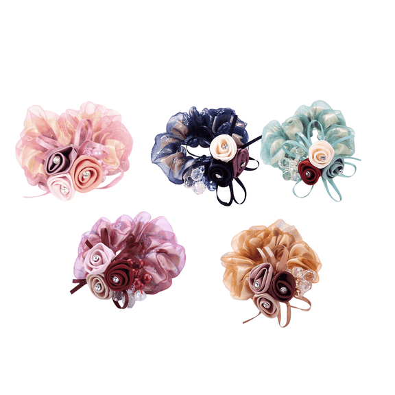 TUWAFE 5 Pcs 3D Floral Scrunchies for Women, Silk Fabric Hair Ties with Rhinestone Beads, Double-Wrap Design