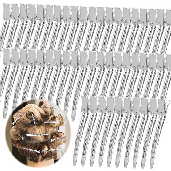 TUWAFE 50 Pcs 3.5 Inch Duck Billed Clips, Metal Alligator Curl Hair Clips with Holes for Styling Coloring Thick Hair, Salon Use, Silver