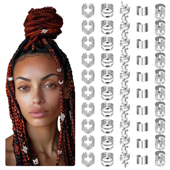 TUWAFE 50 Pcs Silver Dreadlock Beads Locs Accessories, Jewelry for Braids, Hair Dreadlock Accessory Braid, Adjustable Cuffs Braiding Hair Rings for Dreadlock Accessory Jewelry Decorations