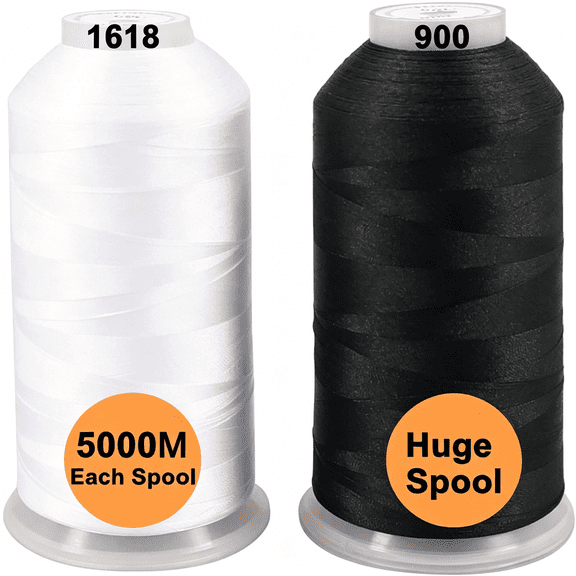 TUWAFE 5000M Huge Spool Polyester Embroidery Machine Thread White+Black Sewing Thread