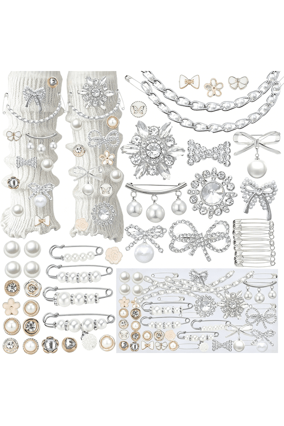 54PCS Junk Socks Charms Kit, Shoe Charms for Sneakers Girls,Silver Brooches and Pins for Women, Pearl and Rhinestone Sock Charm with Safety Pins, DIY Accessories