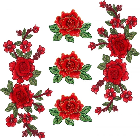 TUWAFE 5Pcs Rose Flower Embroidered Patches,Applique Sewing Patches,Patches for Arts Crafts Diy Decor,Red Flower Fabric Patches for Jeans Diy Crafts Making Bags Craft Decoration Jackets Dress