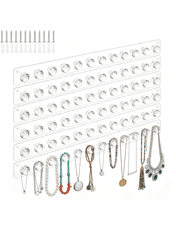 6 Pcs Clear Acrylic Necklace Holder,Acrylic Necklace Organizer Wall Mounted with 12 Hooks,For Hanging Necklace,Jewelry,Bangles,Bracelets and Rings, Gifts for Girls and Women