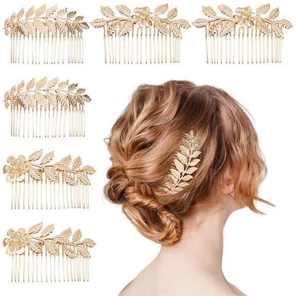TUWAFE 6 Pcs Leaf Hair Side Combs Gold Rhinestone Hair Comb Clips with Teeth Wedding Headpiece Hair Accessories for Women, Girls, Bride, Bridesmaid (Gold)