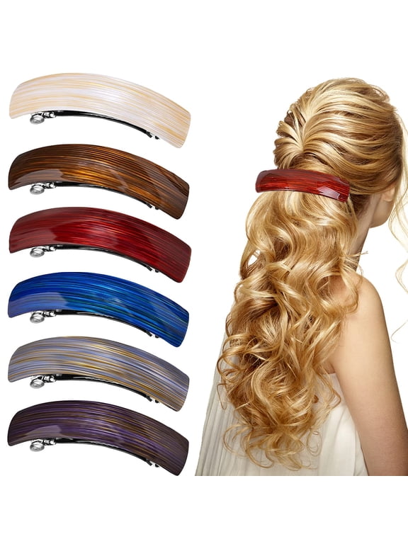 6 Pieces Retro Acrylic Hair Barrettes for Women,Gold Thread Stripes Large French Automatic Hair Barrettesfor Girl and Hair Barrettes for Thick Hair,6 Colors Hair Clip