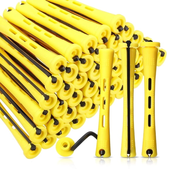 TUWAFE 60 Pcs Short Perm Rods Natural Hair Perm Rods with Elastic Rubber Band Non Slip Plastic Perming Cold Wave Kit for Women Hairdressing Styling Tool (0.28 Inch,Yellow)