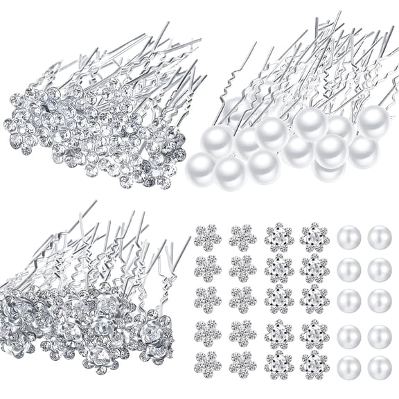 TUWAFE 60 Pieces Bridal Wedding Hair Pins Silver Pearl Rhinestone Crystal Flower U Shape Clips Diamond Jewelry Updo Hair Barrettes Prom Styling Decorations Accessories for Brides Bridesmaids Women