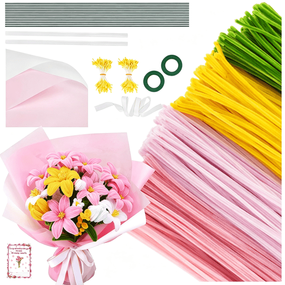 TUWAFE 600Pcs Pipe Cleaners Craft, Pipe Cleaner Flower Kit, 6 Colors Chenille Stems Flower Making Kit with Floral Wires, Gardening Tape, Stamen, Floral Wrapping Paper & Ribbon for Art and Craft