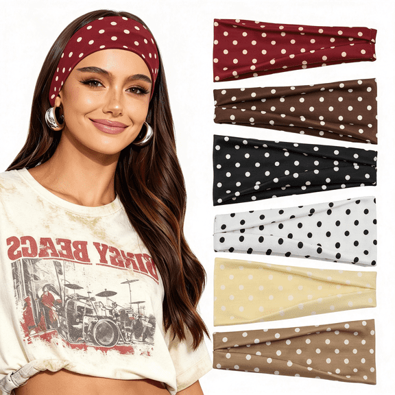 TUWAFE 6Pcs Polka Dot Headband for Women-Non Slip Elastic Floral Hairbands,Soft Fabric Hair Bands for Yoga Workouts,Breathable Head Bands for Hairstyles&Outfits