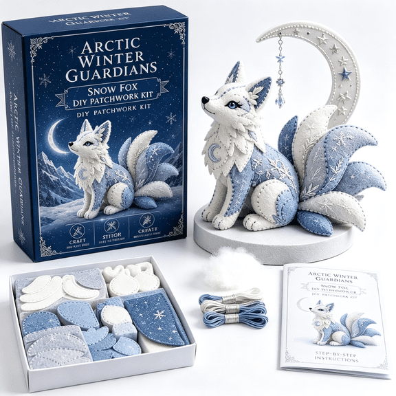 TUWAFE Arctic Winter Guardians Diy Patchwork Kit,3D Felt Animal Sewing Kit for Beginners,Moon Fox Mythical Creature Craft
