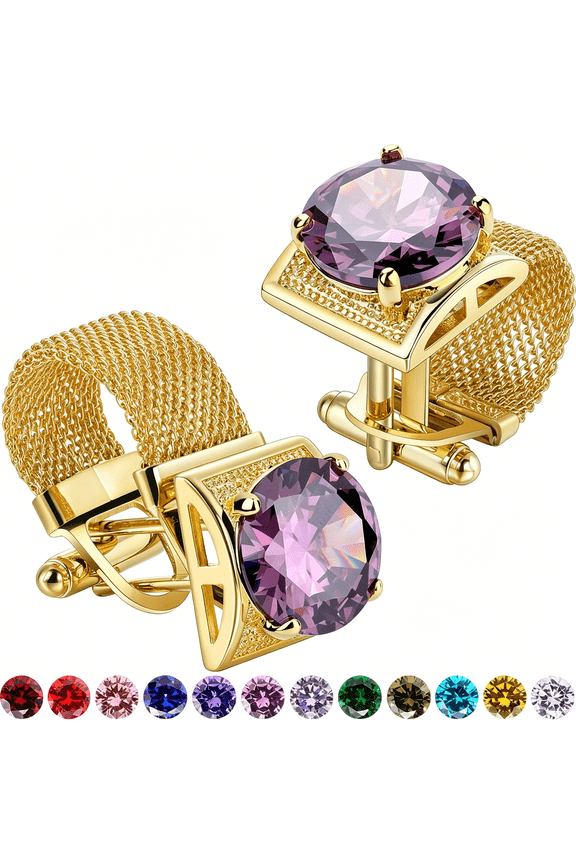 Birthstone Gold Tone Cufflinks for Men with Chain Shirt Cuff Links Wedding Business Birthday Christmas Gifts for Men