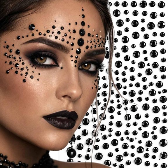 TUWAFE Black Face Gems Stickers-Self-Adhesive Black Rhinestone Stickers Face Jewels for Makeup,Assorted Sizes,Face Gems for Halloween,Rave,Festival,Party,Cosplay Diy Crafts 2 Sheet