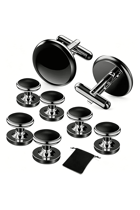 Black Tuxedo Studs and Cufflinks Set for Men,Premium Brass Formal Accessories with Velvet Pouch,French Cuff Dress Shirt Stud Set for Weddings,Black Tie Events and Groomsmen