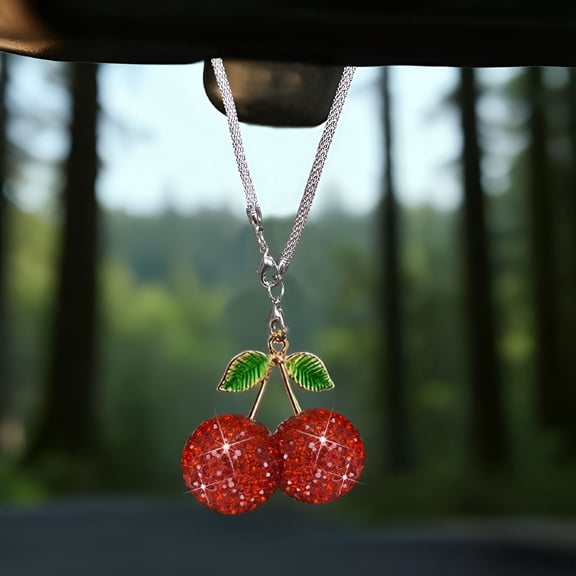 TUWAFE Bling Cherry Car Accessories Interior for Women,Cute Red Crystal Rear View Mirror Accessories,Sparkly Diamond - Adorned Lucky Car Interior Charms