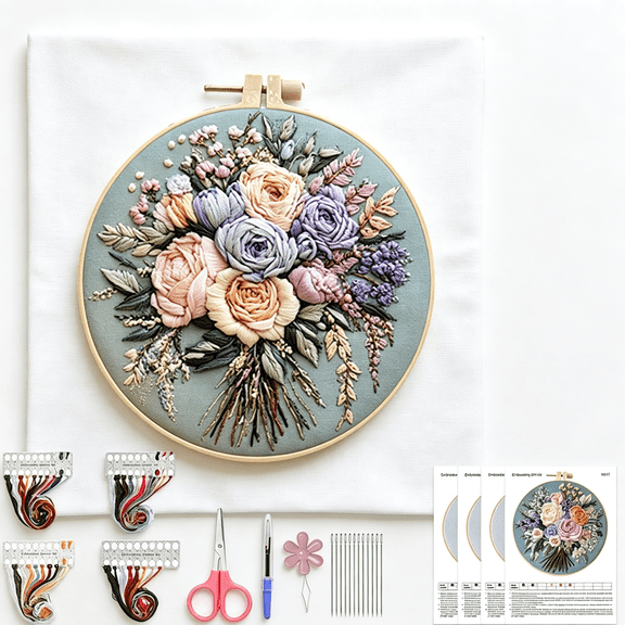 TUWAFE Bouquet Flowers Embroidery Kit for Beginners, Pre-Stamped Pattern Kits for Adults with Hoop, Easy to Follow Color Thread Needlework, 8'' Hoop (Joyful Bouquet)