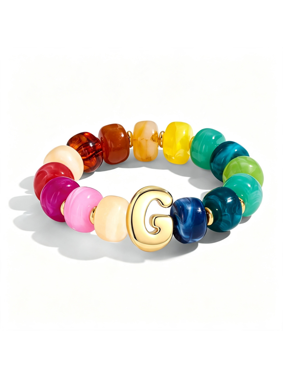 Bubble Initial Chunky Beaded Bracelet for Women Colorful Resin Bead Trendy Statement Big Stretch Bracelets Summer Beach Boho Charm Jewelry Cute Gifts for Women