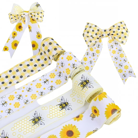 TUWAFE Bumble Bee Ribbons Bee Wired Edge Ribbon Honeybee Decorative Ribbons Yellow Craft Ribbons for Wrapping Floral Hanging Ornaments Home Decoration