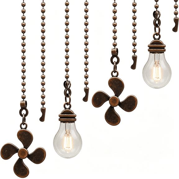 TUWAFE Ceiling Fan Pull Chain Set,4 Pieces Bulb and Fan Pattern Pull Chain Extension Fan Pull Chain Pendant 12 Inch Ceiling Fan Chain Extender with Ball Fan Chains Connector (Red Bronze)