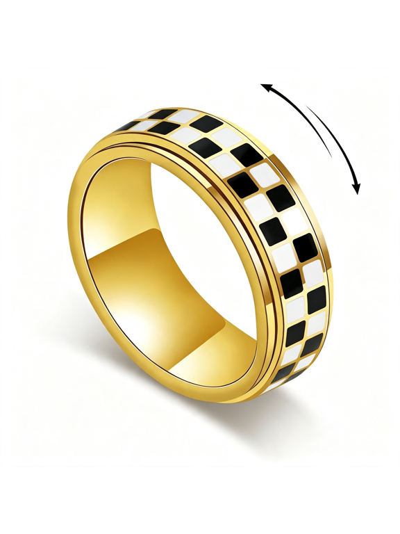 Checkered Fidget Ring for Men - 8Mm 18K Gold Plated Stainless Steel Anxiety Spinner Jewelry for Adults, Modern Black and White Checkerboard Roating Ring for Stress Relief Gift for Men Women