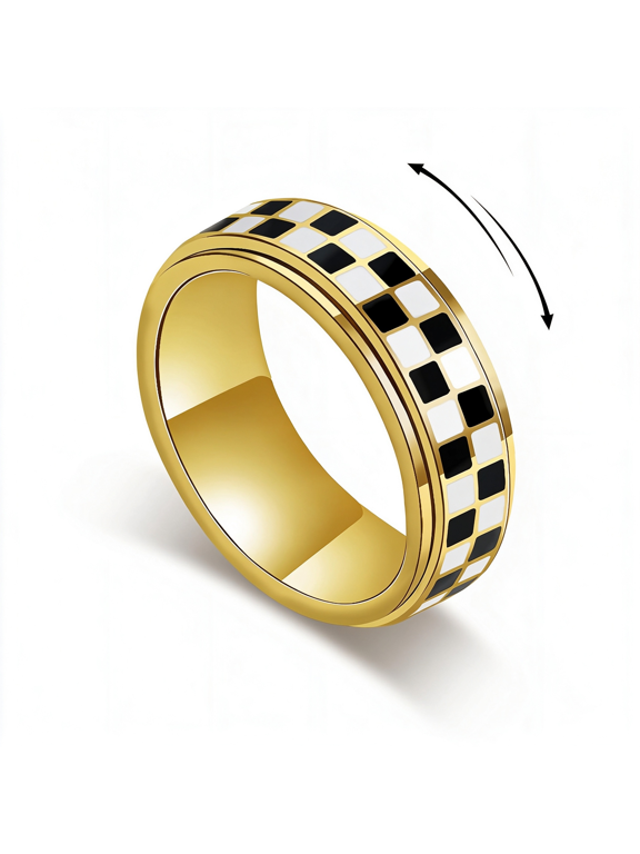 Checkered Fidget Ring for Men-8Mm 18K Gold Plated Stainless Steel Anxiety Spinner Jewelry for Adults,Modern Black and White Checkerboard Roating Ring for Stress Relief Gift for Men Women