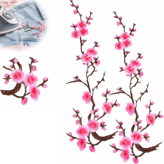 TUWAFE Cherry Blossom Iron Patch, Iron On Blossom Plum Applique Patch Embroidery Flower Vines, Appliques DIY Trim for Jeans Garment Cos, for Hats, Shirts, Shoes, Jeans, Bags
