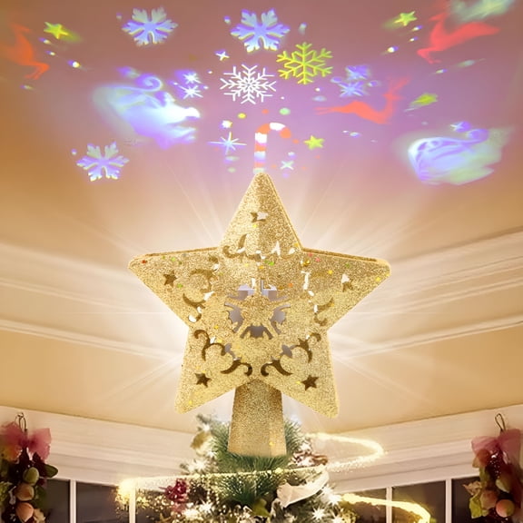 TUWAFE Christmas Tree Star Topper Lights,Plug in Christmas Tree Decorations,With Rotating Led Projector - Auto Spinning Snowflake & Santa Projection,9 Inch Lighted Tree Top Decor for Holiday Party