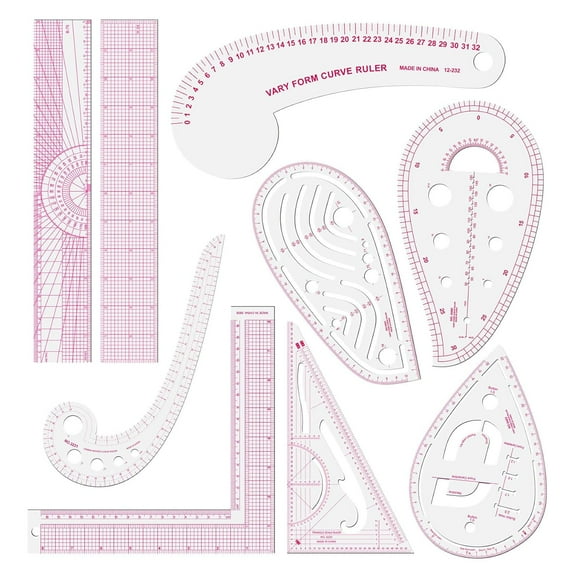 TUWAFE Clear Metric Sewing Ruler Set, French Curve Pattern Rulers for Beginners, Tailors, Designers, Quilting, Embroidery, Cross Stitch, Crochet, Knitting 9pcs