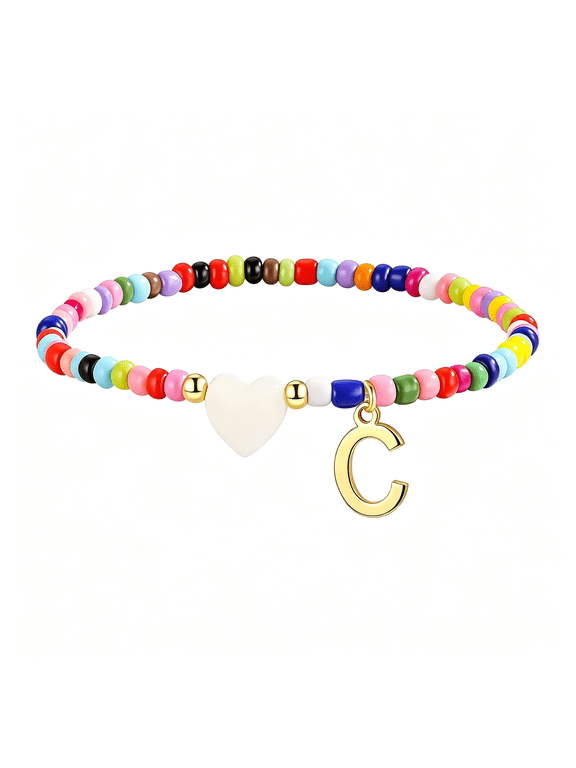 Colorful Initial Bracelets for Women Girls Cute Beaded Bracelet | Heart Teen Girl Gifts Trendy Stuff, Bohemian Gold Personalized Jewelry Personalized Bracelets Colorful