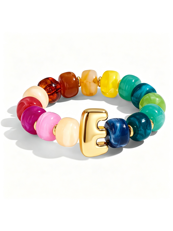 Colorful Initial Bracelets for Women Rainbow Chunky Beaded Bracelet Stretch Bubble Letter a to Z Bracelet Stackable Acrylic Resin Bracelets Personalized Jewelry