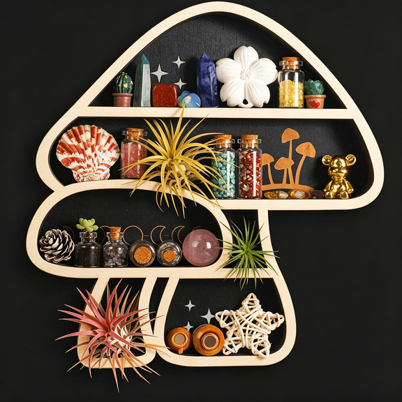 TUWAFE Cute Mushroom Decor, Wooden Floating Mushroom Shelf for Wall, Display Shelf Rock Gem Stone Display Shelf Wall Mounted, shelf decor