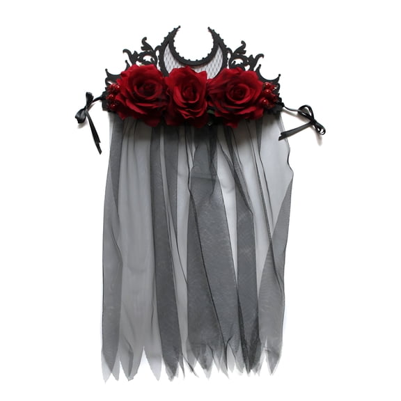 TUWAFE Day of the Death Headband Gothic Headwear Baroque Tiara Crown Black Veil Crown Lolita Hair Accessories Black Veil Headband