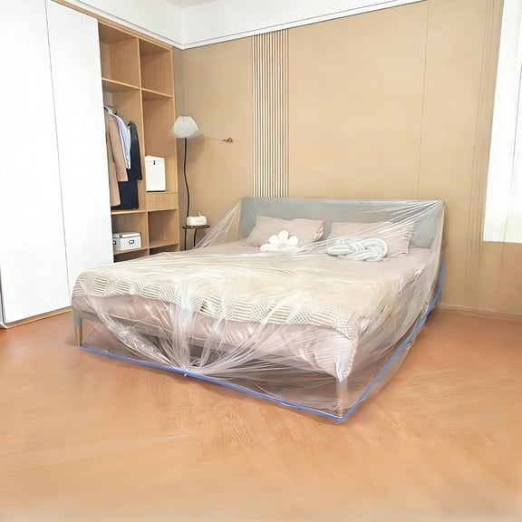 TUWAFE Disposable Elastic Furniture Dust Cover, Extra Large Plastic Protector Film for Sofa, Bed & Tables, Snug Fit Renovation Drop Cloth for Home Moving & Storage (Random Drawstring Color)