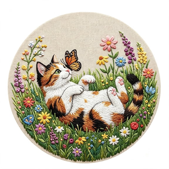 TUWAFE Diy Cat Butterfly Stamped Embroidery Kit with Hoop for Adults | Diy Needlework with Bamboo Hoop Pre-Printed Cotton Fabric for Woman Beginners, Creative Craft Handmade Gift for Home Decor