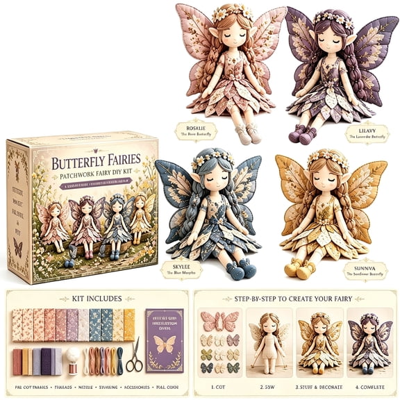 TUWAFE Diy Flower Fairy Doll Making Kit 4Pcs Winged Elf Patchwork Sewing Crafts Set Full Fabric Supplies Art Activity Beginners Adults Unique Creative Handmade Gifts Home Decor Butterfly Fairies