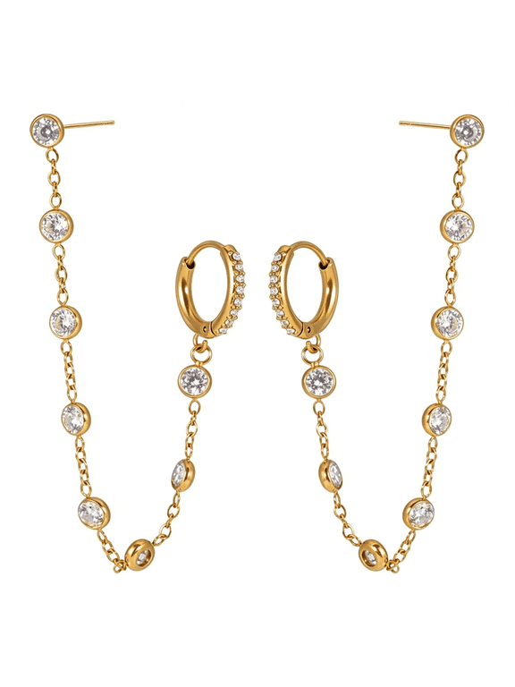 Double Piercing Chain Dangle Drop Round Cz Cartilage Stud Small Hoop Cuff Earrings for Women Titanium Steel Gold Plated Colorful Crystal Crawler Threader Tassel Two Holes Trendy Jewelry
