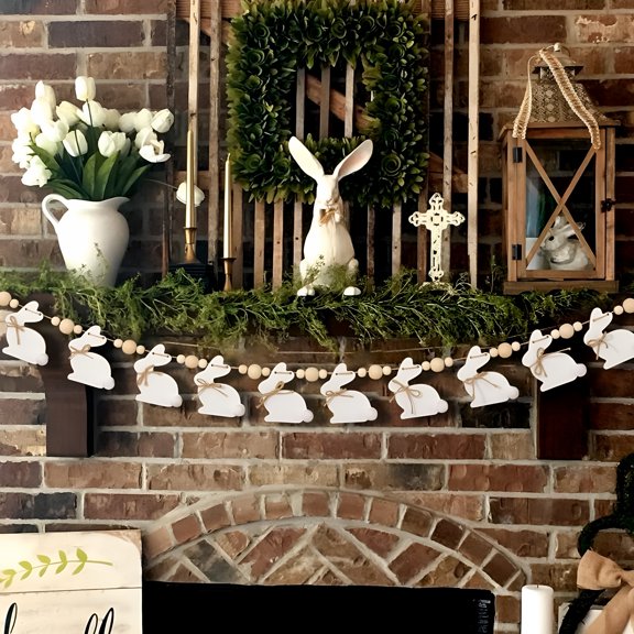 TUWAFE Easter Mantle Garland 6.4 Ft Cute Rabbit Wood Beads Garland Rustic Banner for Mantel Fireplace Shelf Wall Home Farmhouse Indoor Spring Decor Party Supplies