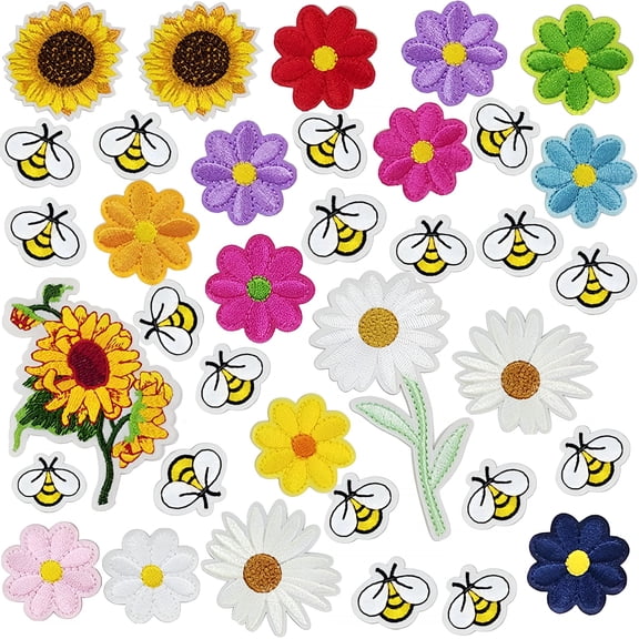 TUWAFE Embroidered Flowers Bee Iron on Patches 36Pcs Cute Bumble Sunflower Daisy Patch for Clothing Sew on Embroidered Applique Decoration Sewing Patches for Bags Jackets Jeans Clothes Diy Patches
