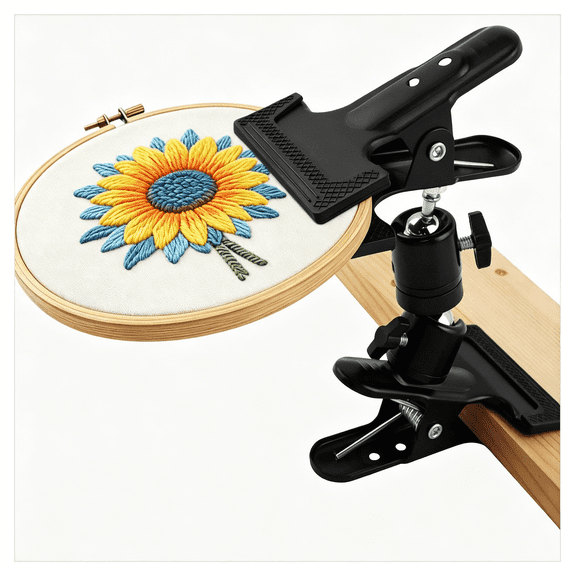 TUWAFE Embroidery Hoop Stand Holder, Black Cross Stitch Hoop Holder, Adjustable 360 Rotated Cross Stitch Lap Stand with 2 in 1 Needle Threader Seam Ripper & Sewing Scissors for Needlework