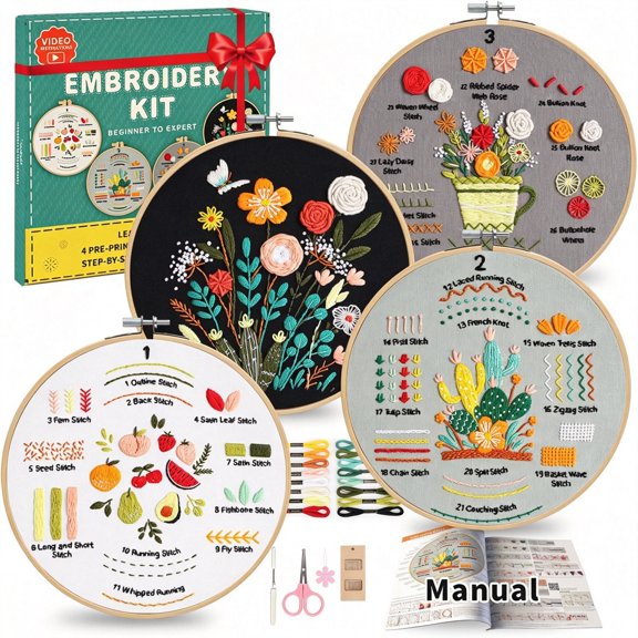 TUWAFE Embroidery Kit for Beginners Adults, 4-Piece Stitches Practice Kits with Stamped Patterns Step-By-Step Instructions & Stitch Videos Hoop Threads Needles, Gift for Craft Lovers