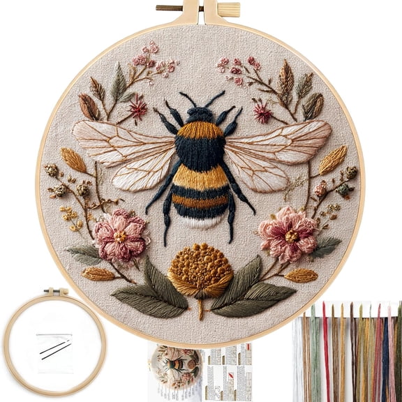 TUWAFE Embroidery Kit for Beginners,Boho Floral Bee Pre-Stamped Pattern Kits for Adults with Hoop,Easy to Follow Color Thread Needlework,8'' Hoop(Honeybee A001)
