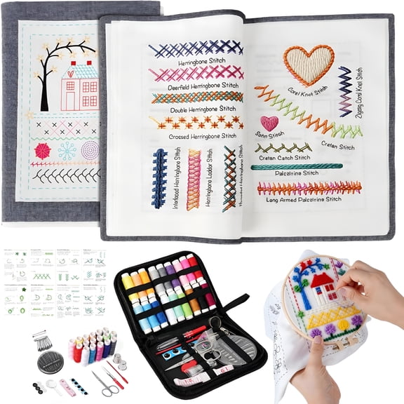 TUWAFE Embroidery Stitch Book Kit (86 PCS), Embroidery Patterns with Step-by-Step Tutorials, Portable Sewing Toolkit, Includes Floss and Needles, Suitable for Beginners and DIY Craft Enthusiasts