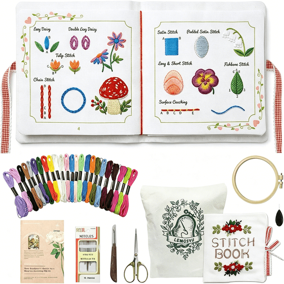 TUWAFE Embroidery Stitch Book Kit for Beginners,Structured Learning with 57 Essential Stitches&132 Patterns-Step-By-Step&Video,Portable Embroidery Kit for Adults&Diy Craft Lovers Gift