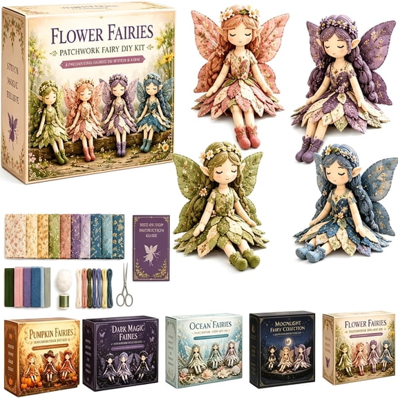 TUWAFE Fairy Patchwork Diy Collection 4Pcs Flower Fairies Patchwork Sewing Kit Winged Elf Cloth Doll Fabric Full Supplies Diy Craft Set Beginner Crafters Home Decor Handmade Gift Brown#G