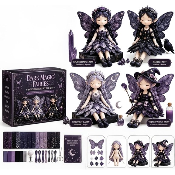 TUWAFE Fairy Patchwork Diy Collection, Needlework Sprite Embroidery Bundle, Handcrafted Pixie Apparel Textile, Artisanal Fabric Nymph Project, Creative Manual Sewing Craft (Dark Magic Fairies)