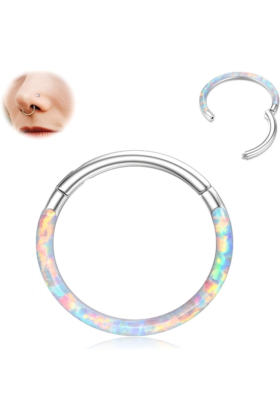 G23 Titanium Opal Nose Rings Hoops - 16G/18G/20G Hinged Septum Rings Seamless Nose Rings for Women Conch Helix Daith Earrings Piercing Jewelry Purple/Pink/Blue/White Silver/Gold 8Mm/10Mm