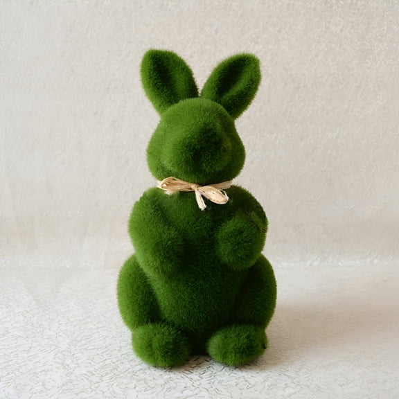 TUWAFE Green Fuzzy Flocked Bunny Easter Holiday Spring Decor Rabbit Figurines Garden Artificial Animal Moss for Indoor Table Home,Kitchen,Shelf Decorations Furry Covered Rabbit